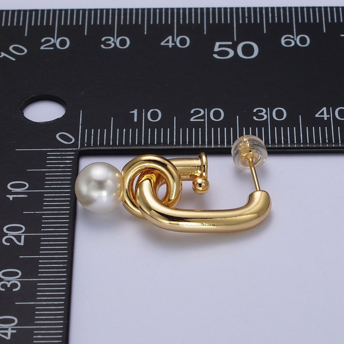 Gold Filled Boxy J-Shaped Round Pearl Drop Hoop Earrings in Gold &amp; Silver | AD-260-AD-261