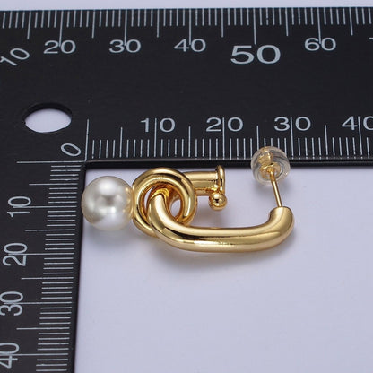 Gold Filled Boxy J-Shaped Round Pearl Drop Hoop Earrings in Gold &amp; Silver | AD-260-AD-261