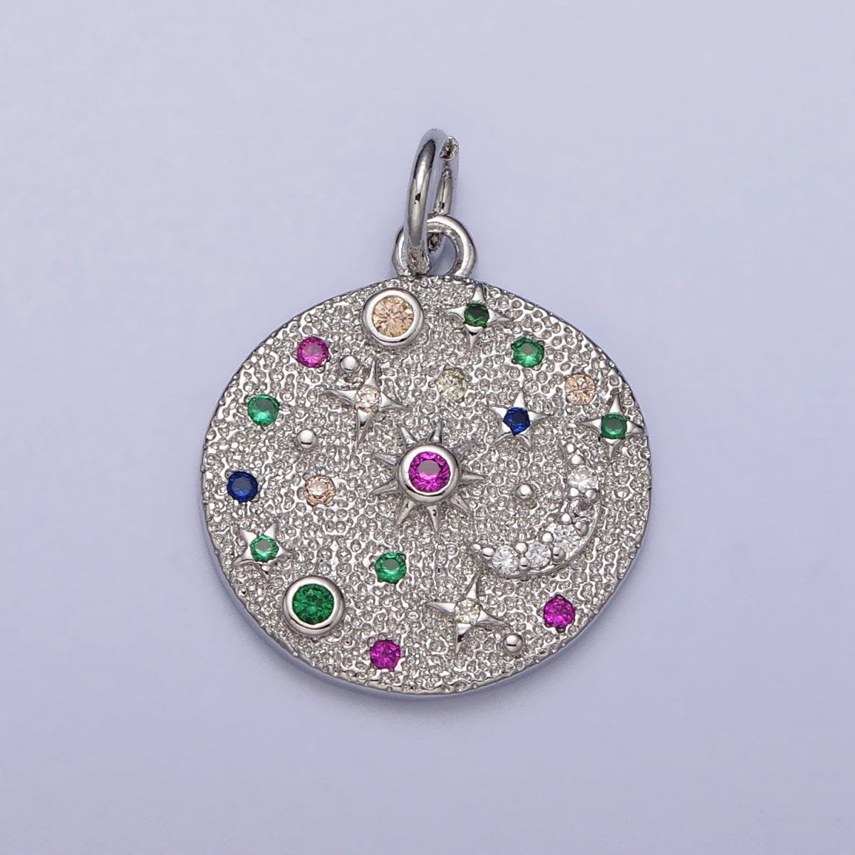 Gold Filled Celestial CZ Crescent Moon Star Sun Dotted Hammered Coin Charm in Gold &amp; Silver | AC256 AC257