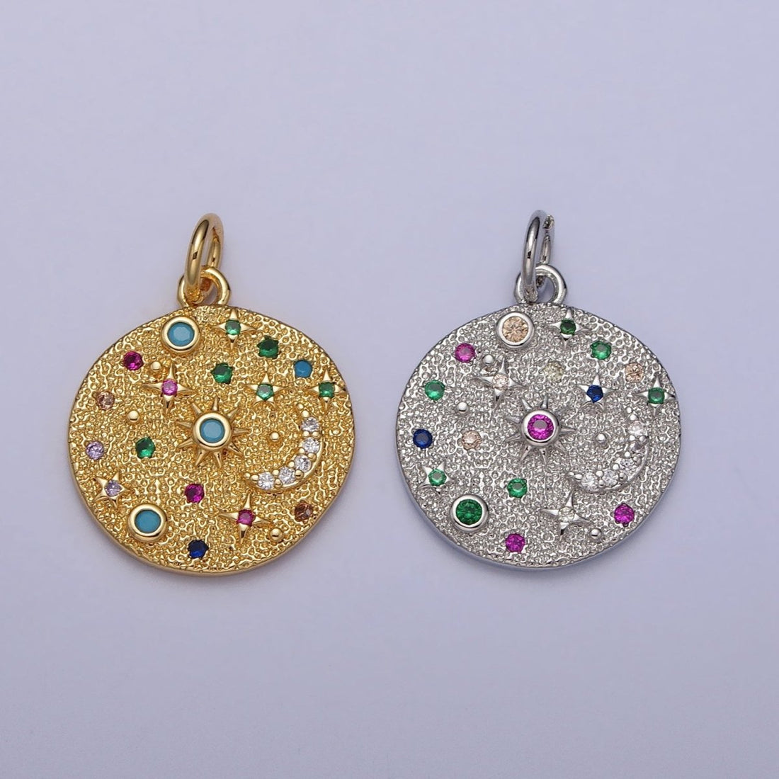 Gold Filled Celestial CZ Crescent Moon Star Sun Dotted Hammered Coin Charm in Gold &amp; Silver | AC256 AC257