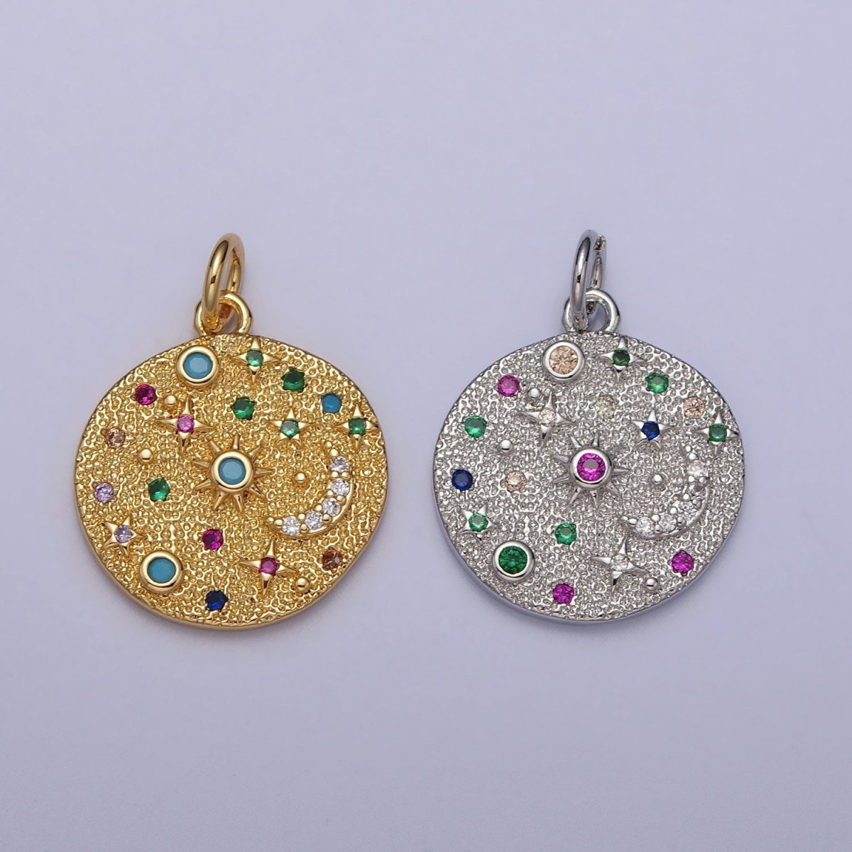 Gold Filled Celestial CZ Crescent Moon Star Sun Dotted Hammered Coin Charm in Gold &amp; Silver | AC256 AC257