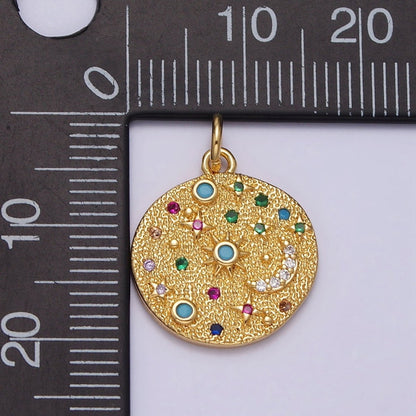 Gold Filled Celestial CZ Crescent Moon Star Sun Dotted Hammered Coin Charm in Gold &amp; Silver | AC256 AC257