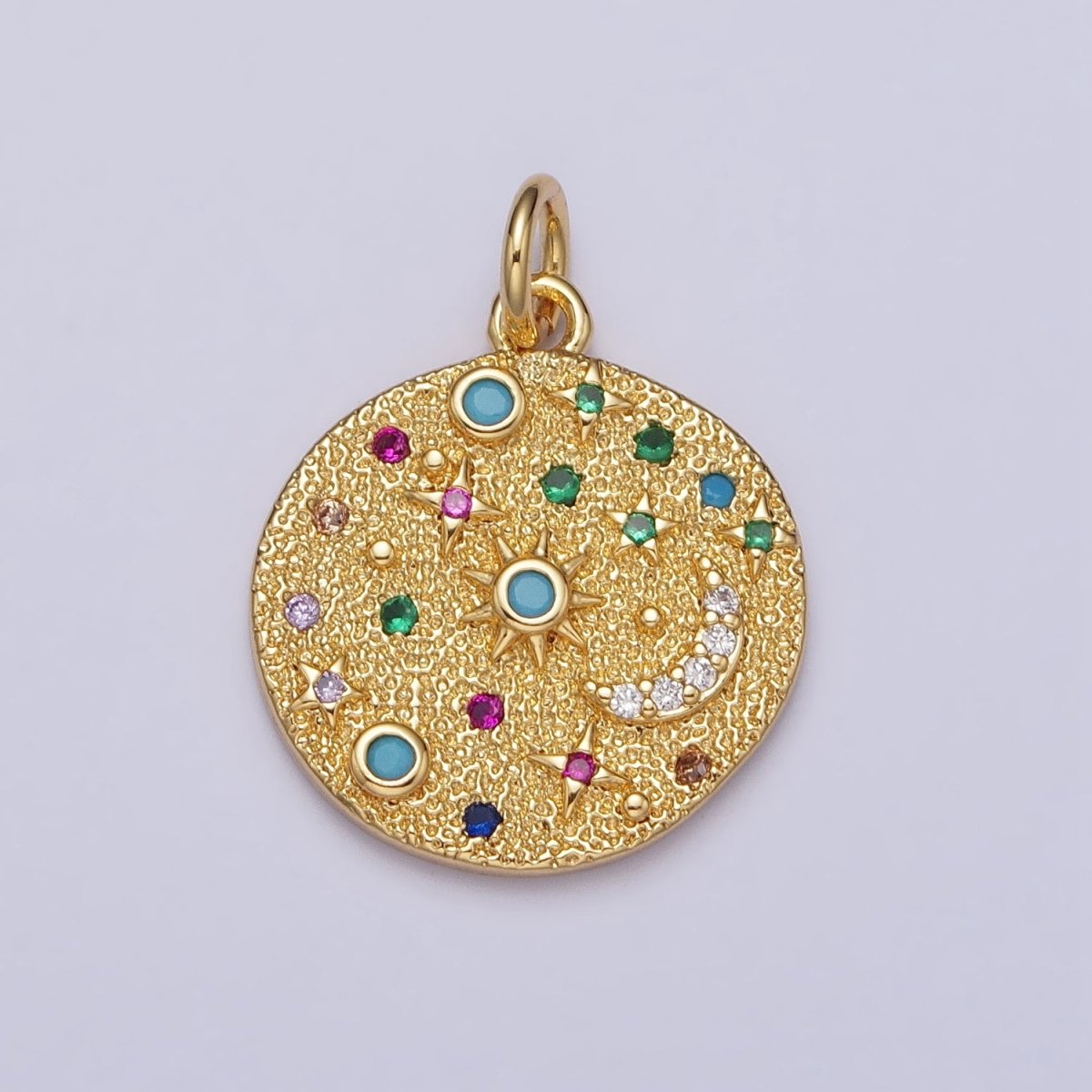 Gold Filled Celestial CZ Crescent Moon Star Sun Dotted Hammered Coin Charm in Gold &amp; Silver | AC256 AC257