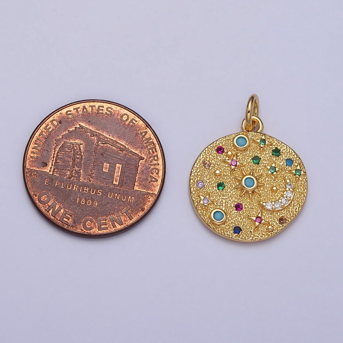 Gold Filled Celestial CZ Crescent Moon Star Sun Dotted Hammered Coin Charm in Gold &amp; Silver | AC256 AC257