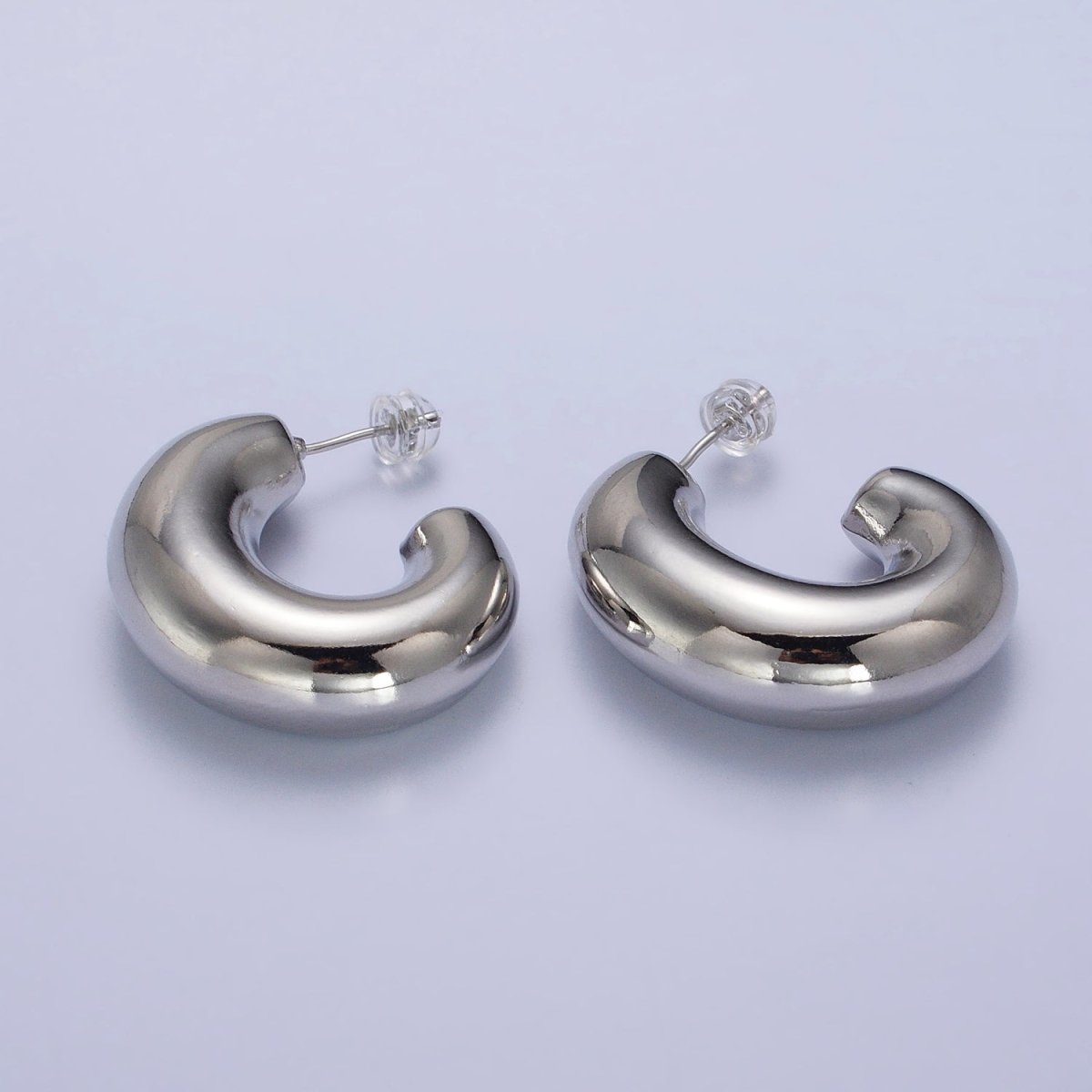 Gold Filled Edged Wide Chubby Geometric J-Shaped Hoop Earrings in Gold &amp; Silver | AB-340 AB-341