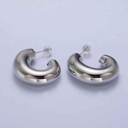 Gold Filled Edged Wide Chubby Geometric J-Shaped Hoop Earrings in Gold &amp; Silver | AB-340 AB-341