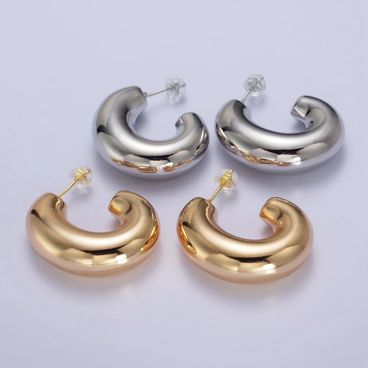 Gold Filled Edged Wide Chubby Geometric J-Shaped Hoop Earrings in Gold &amp; Silver | AB-340 AB-341