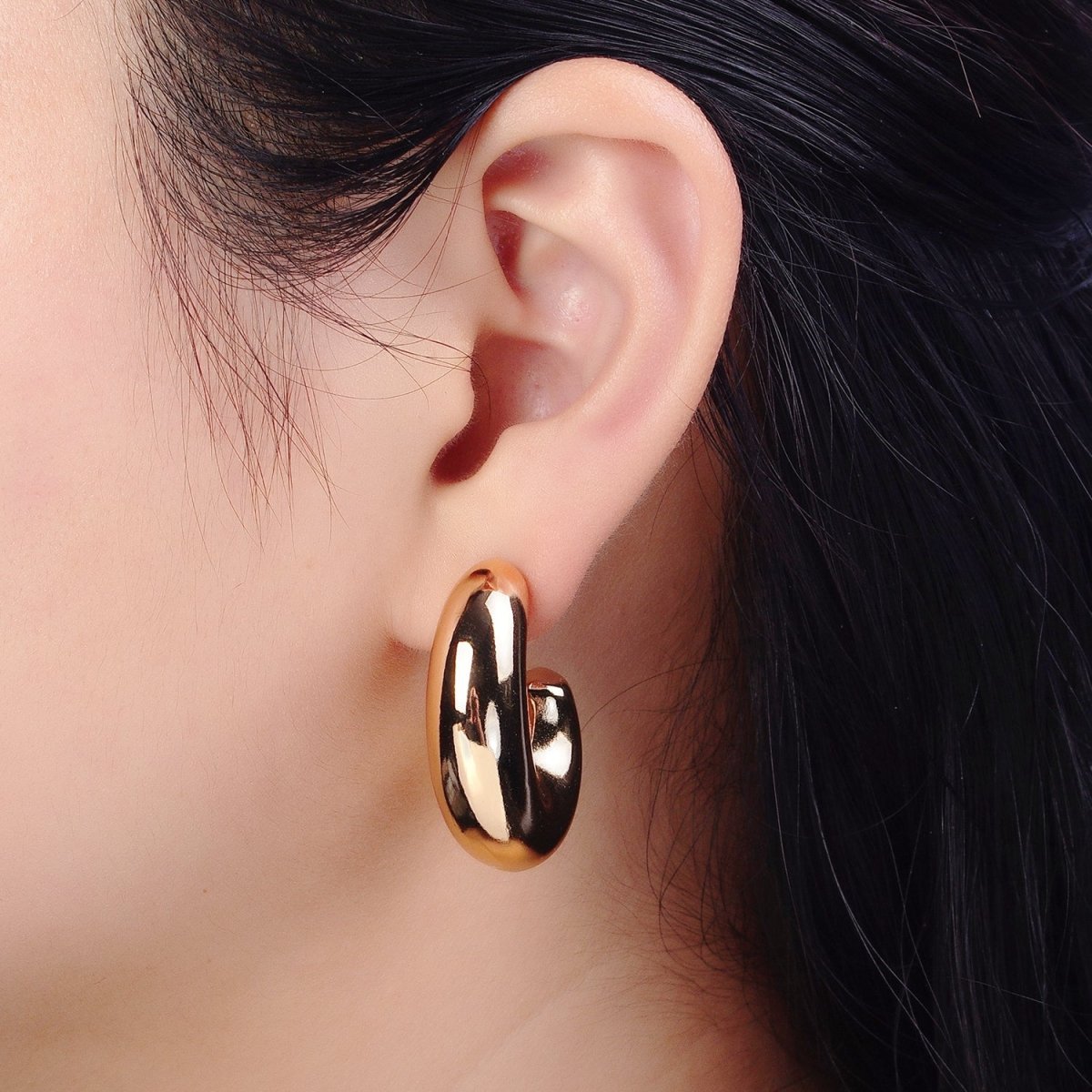 Gold Filled Edged Wide Chubby Geometric J-Shaped Hoop Earrings in Gold &amp; Silver | AB-340 AB-341