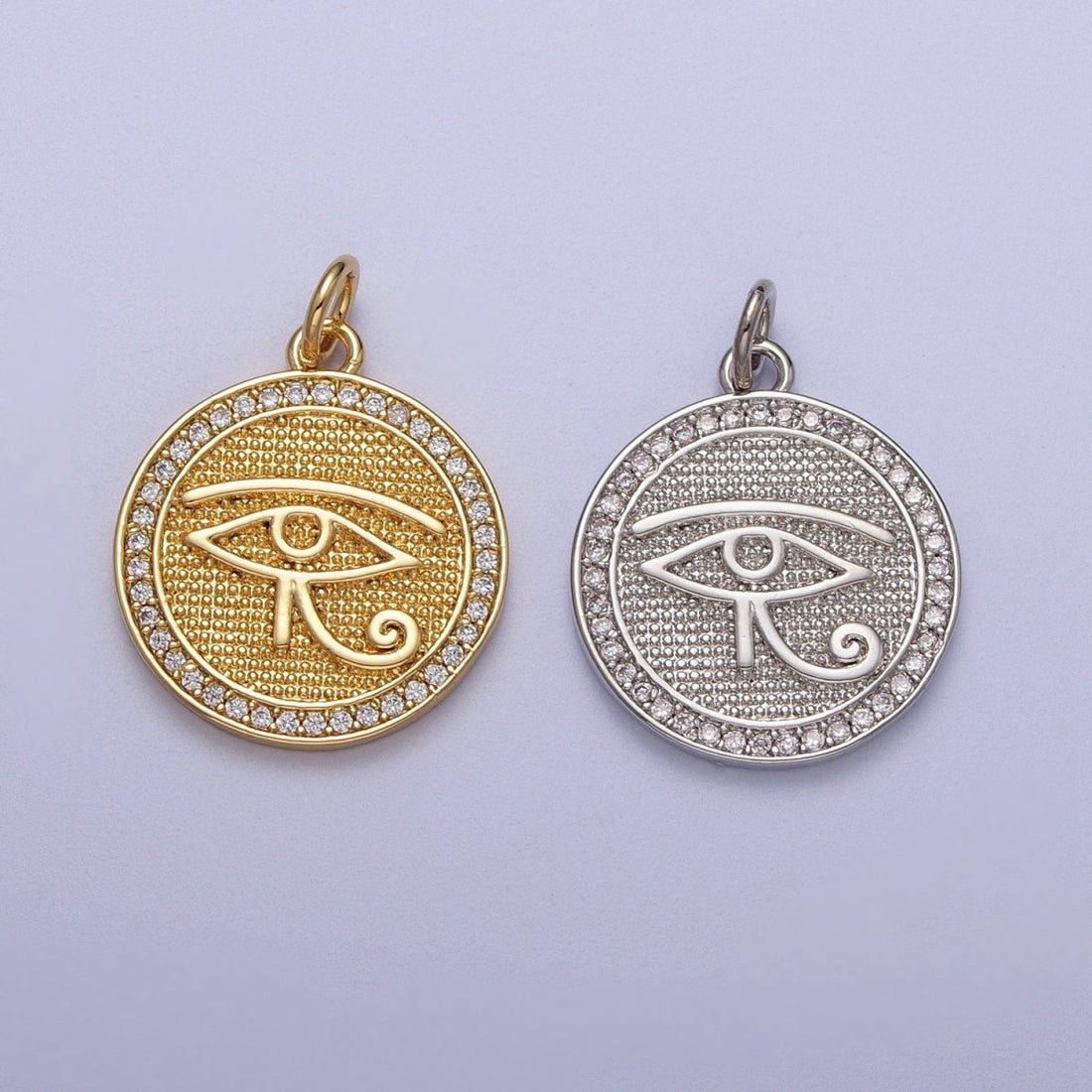 Gold Filled Egyptian Eye of Ra 17mm Micro Paved CZ Textured Round Charm in Gold &amp; Silver | C-343 C-352