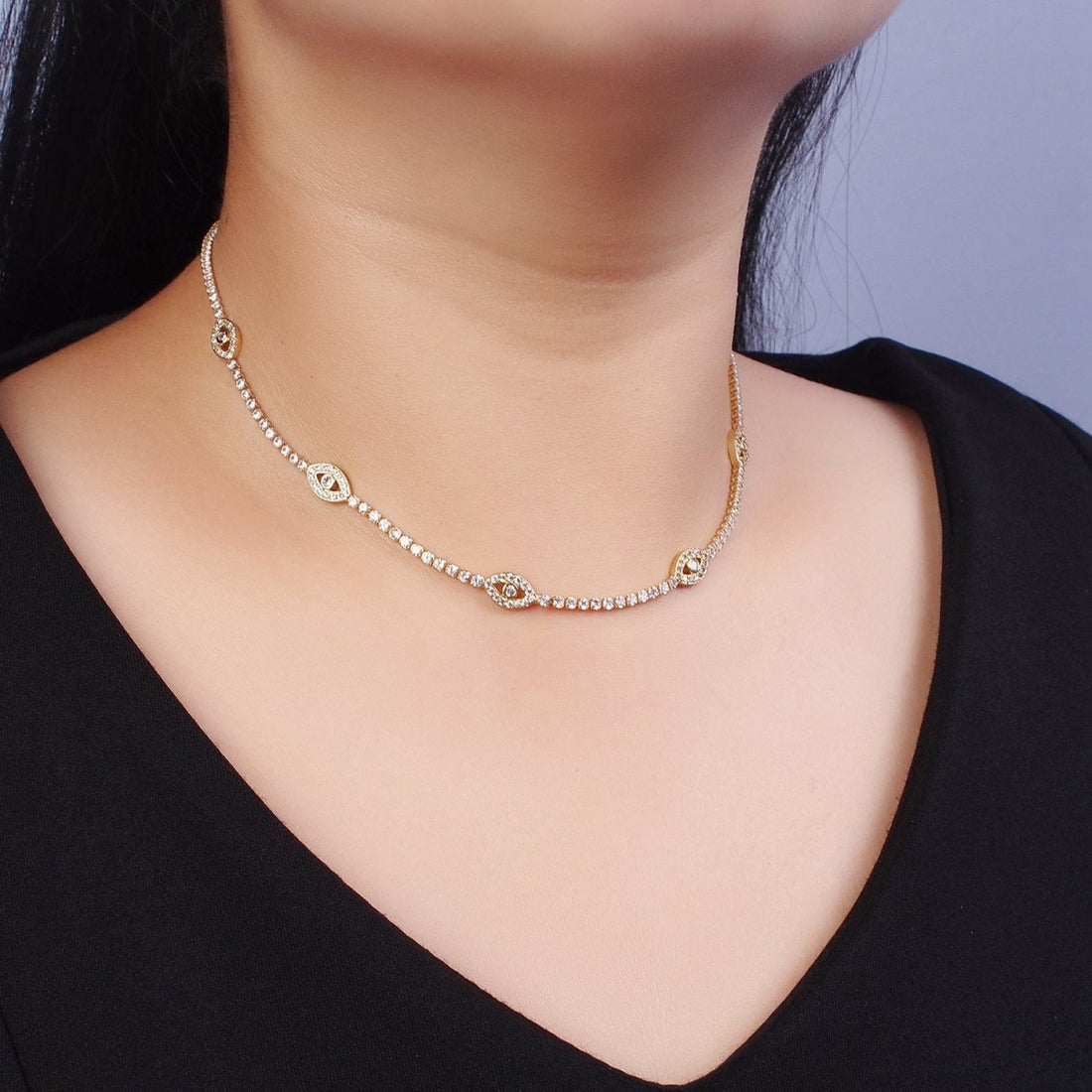 Gold Filled Evil Eye Tennis Chain 14 Inch Choker Necklace in Gold &amp; Silver | WA-1309 WA-1310