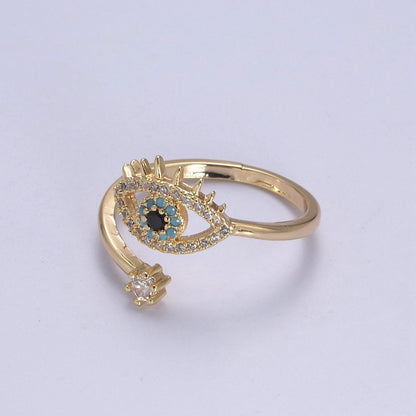 Gold Filled Eye Ring, Evil Eye Zircons Ring, CZ Eye Ring Good Luck Open Adjustable Ring U-351