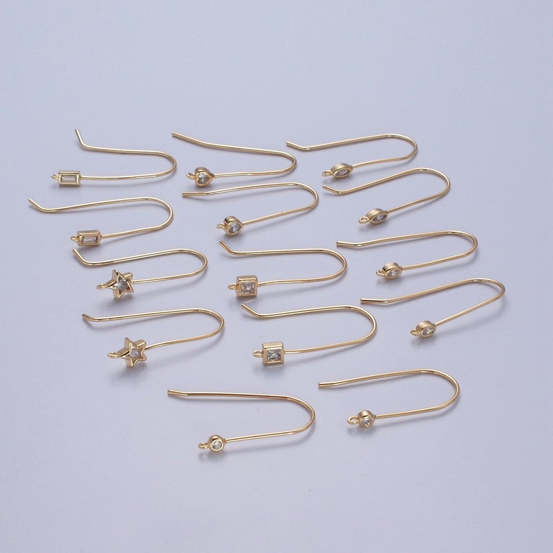 Gold Filled French Hook Earrings, Geometric Marquise Heart Baguette Oval Square Star Round CZ Cubic Zirconia Fish Hook Earrings with Open Link Loop for Earrings Making L-802~L-808