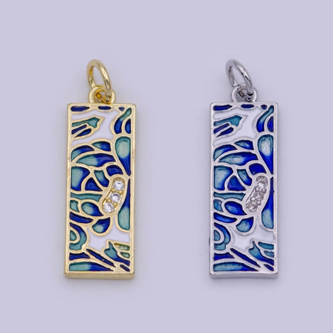 Gold Filled Green Blue Enamel Flower Tag Charm in Gold &amp; Silver | M-933 C-331
