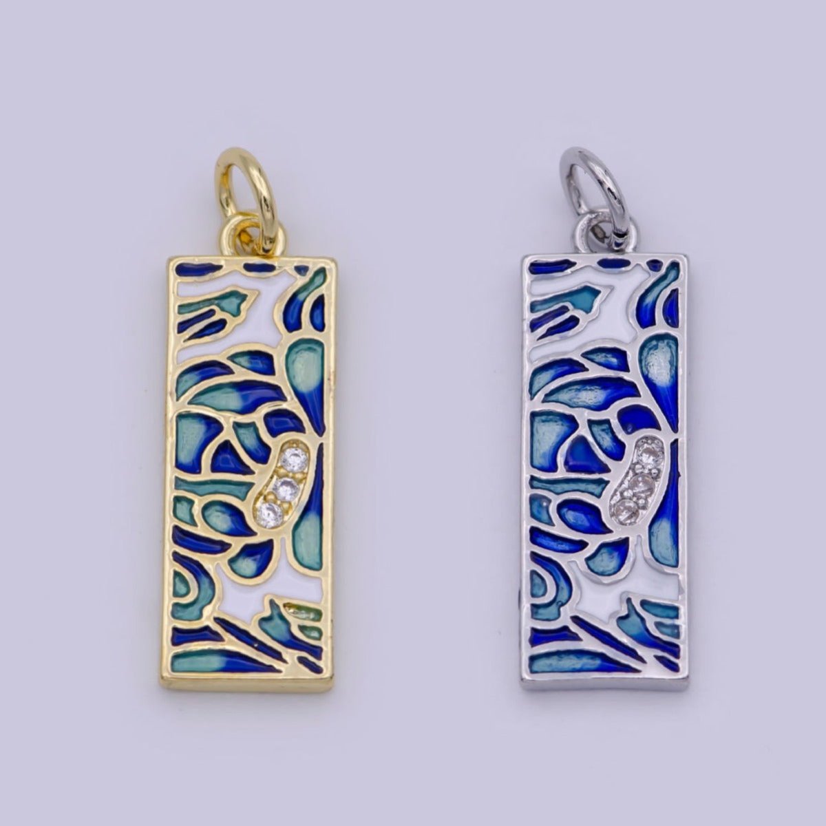 Gold Filled Green Blue Enamel Flower Tag Charm in Gold &amp; Silver | M-933 C-331