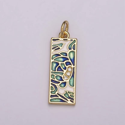 Gold Filled Green Blue Enamel Flower Tag Charm in Gold &amp; Silver | M-933 C-331