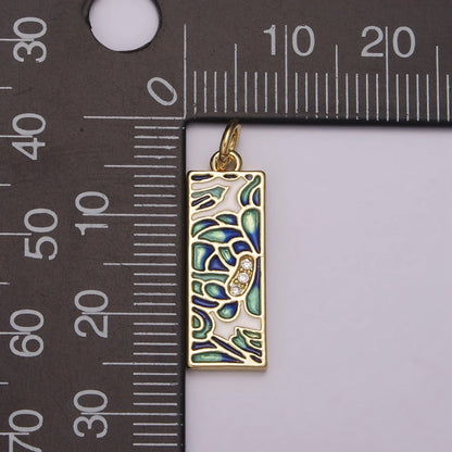 Gold Filled Green Blue Enamel Flower Tag Charm in Gold &amp; Silver | M-933 C-331