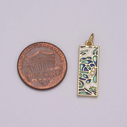 Gold Filled Green Blue Enamel Flower Tag Charm in Gold &amp; Silver | M-933 C-331