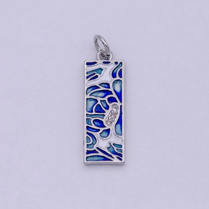 Gold Filled Green Blue Enamel Flower Tag Charm in Gold &amp; Silver | M-933 C-331
