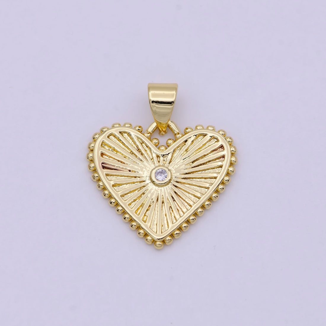 Gold Filled Heart Pendant Medallion, Heart Charm, Valentine Love Pendant Sunburst with Beaded Edges H-427