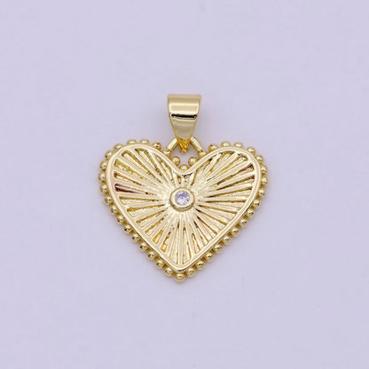 Gold Filled Heart Pendant Medallion, Heart Charm, Valentine Love Pendant Sunburst with Beaded Edges H-427