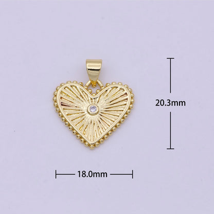 Gold Filled Heart Pendant Medallion, Heart Charm, Valentine Love Pendant Sunburst with Beaded Edges H-427
