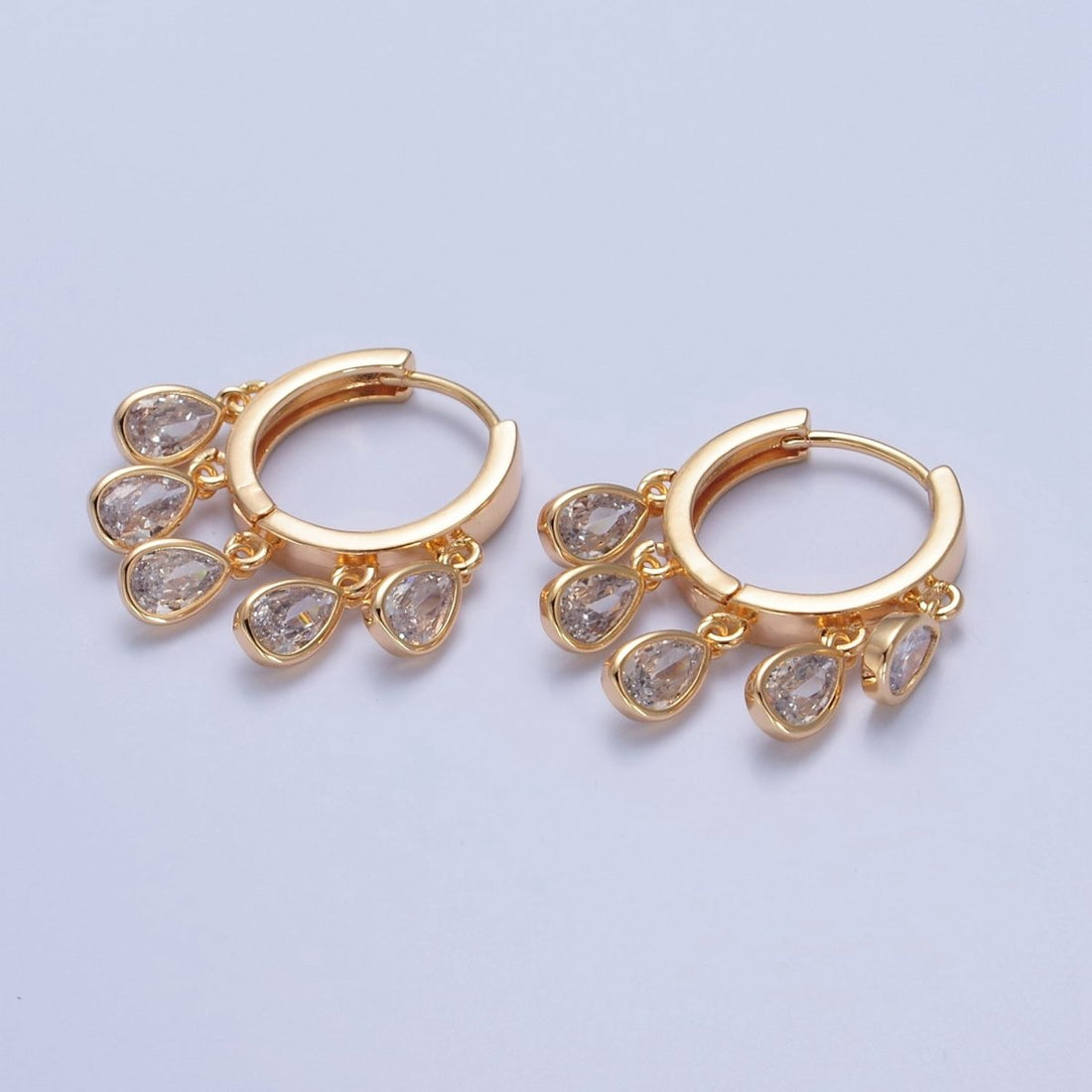 Gold Filled Huggie Earring with Tear Drop CZ Dangle Charm T-481