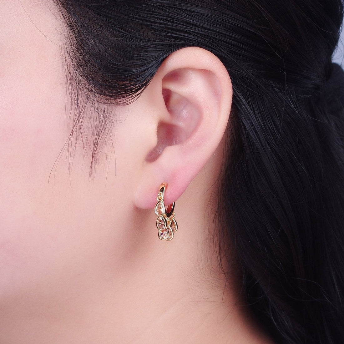 Gold Filled Huggie Earring with Tear Drop CZ Dangle Charm T-481