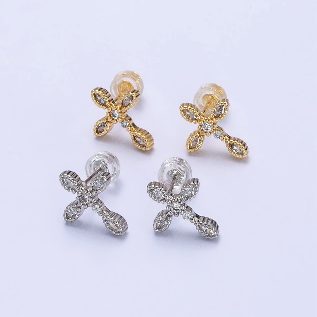 Gold Filled Marquise CZ Religious Cross Stud Earrings in Silver &amp; Gold |AB559