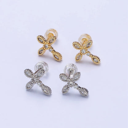 Gold Filled Marquise CZ Religious Cross Stud Earrings in Silver &amp; Gold |AB559