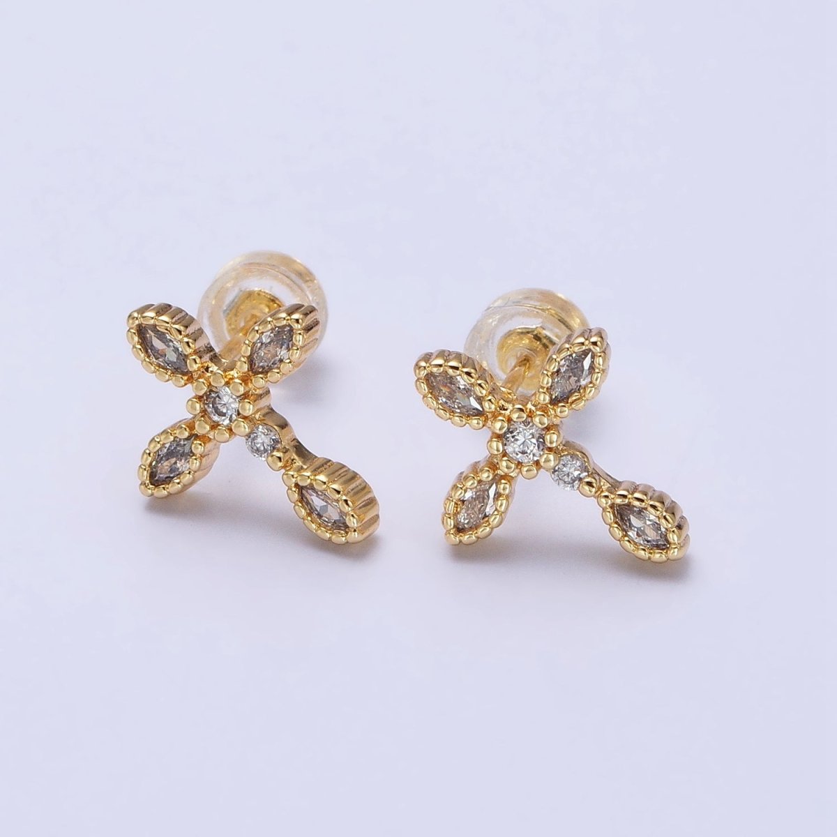 Gold Filled Marquise CZ Religious Cross Stud Earrings in Silver &amp; Gold |AB559