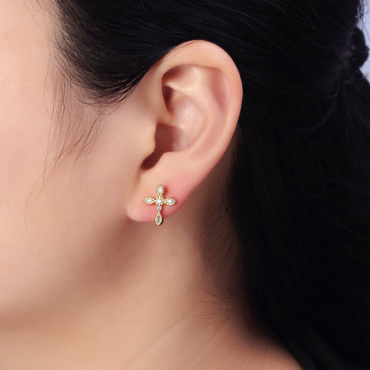 Gold Filled Marquise CZ Religious Cross Stud Earrings in Silver &amp; Gold |AB559