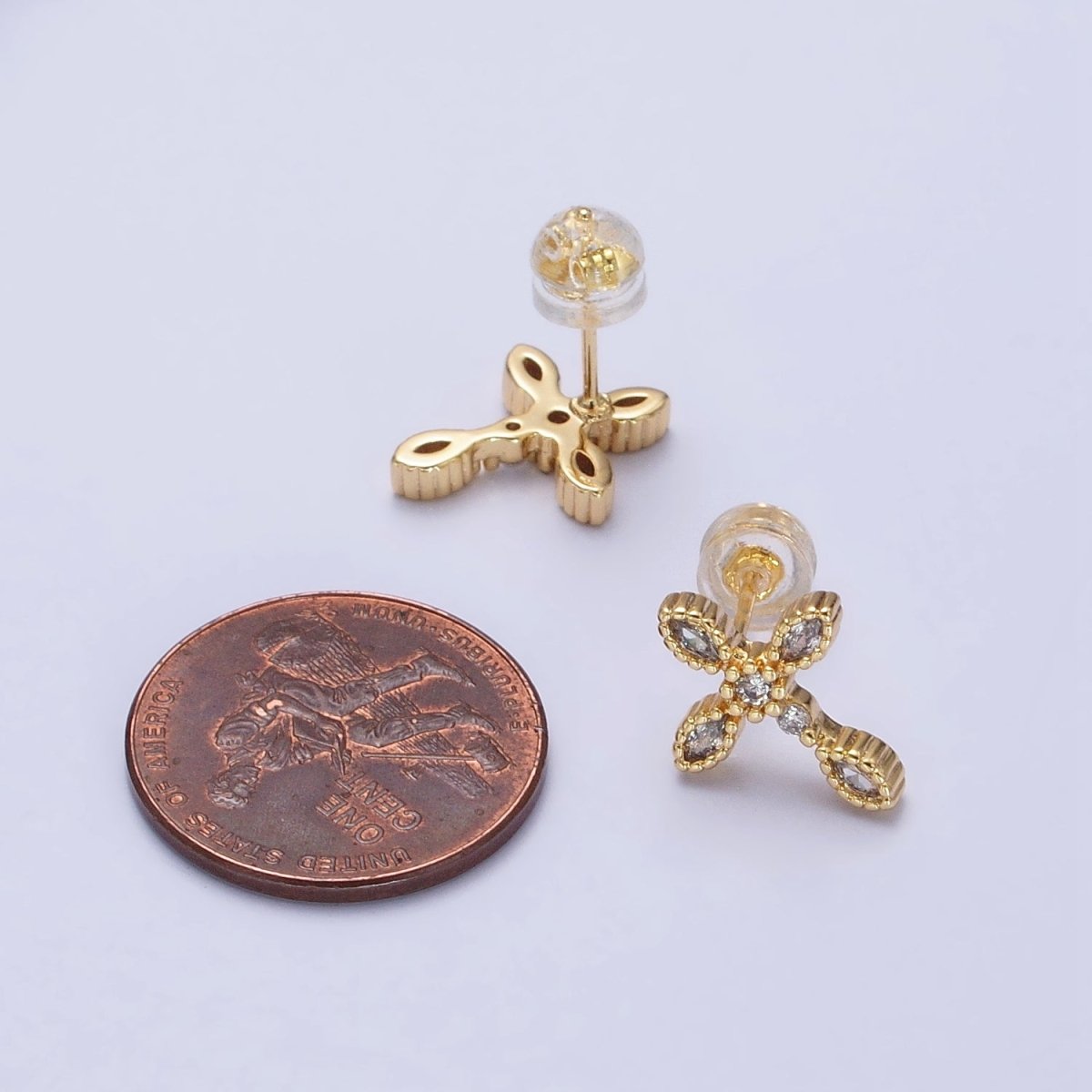 Gold Filled Marquise CZ Religious Cross Stud Earrings in Silver &amp; Gold |AB559