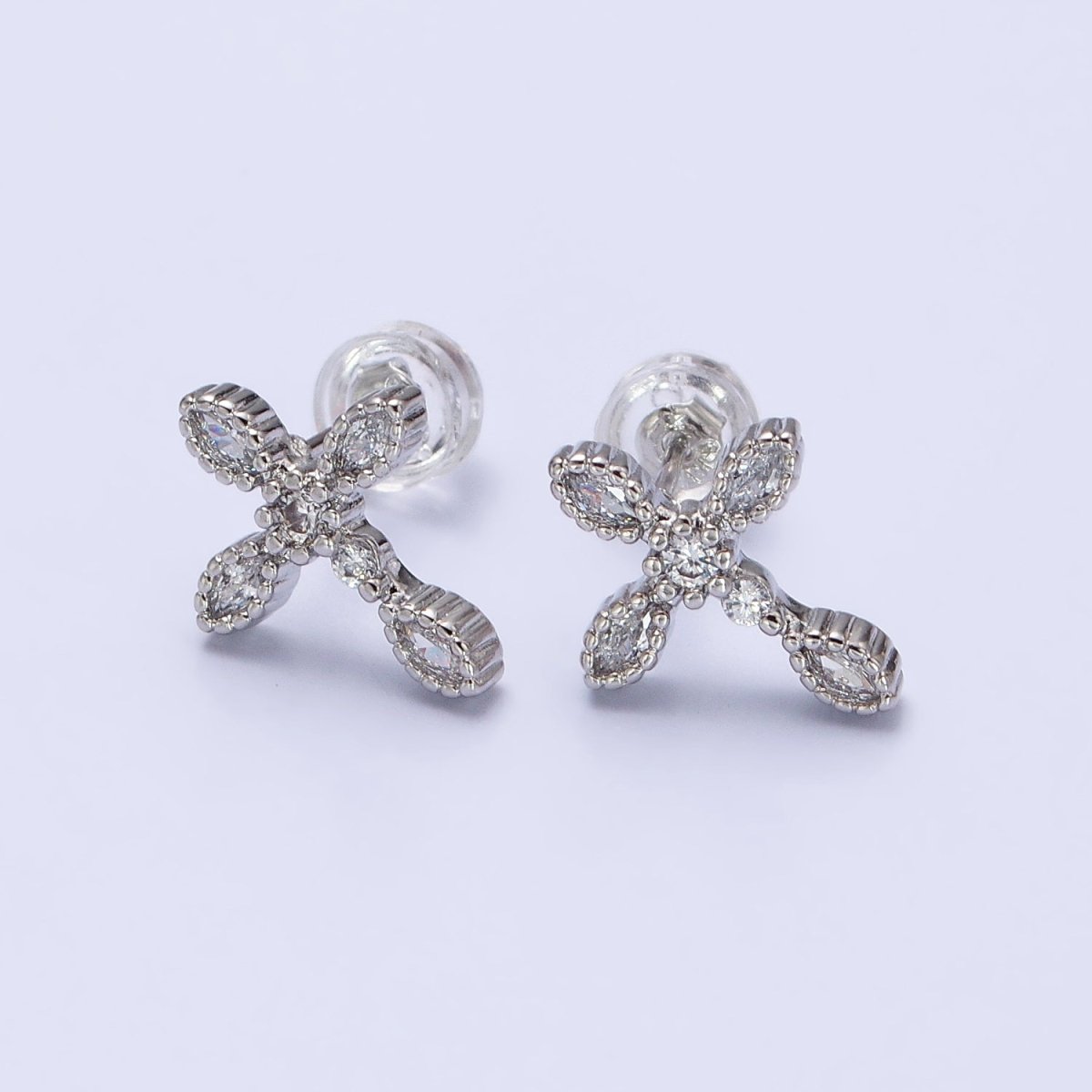 Gold Filled Marquise CZ Religious Cross Stud Earrings in Silver &amp; Gold |AB559