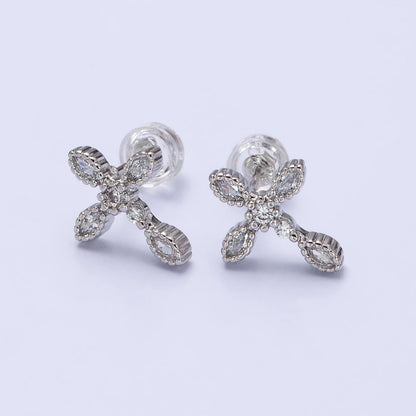 Gold Filled Marquise CZ Religious Cross Stud Earrings in Silver &amp; Gold |AB559