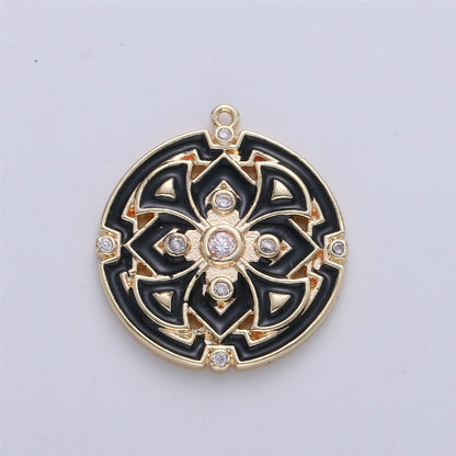 Gold Filled Micro Pave Black White Enamel Round Disc Charms Medallion Pendant, Enamel Pendant, Round Enamel C-620