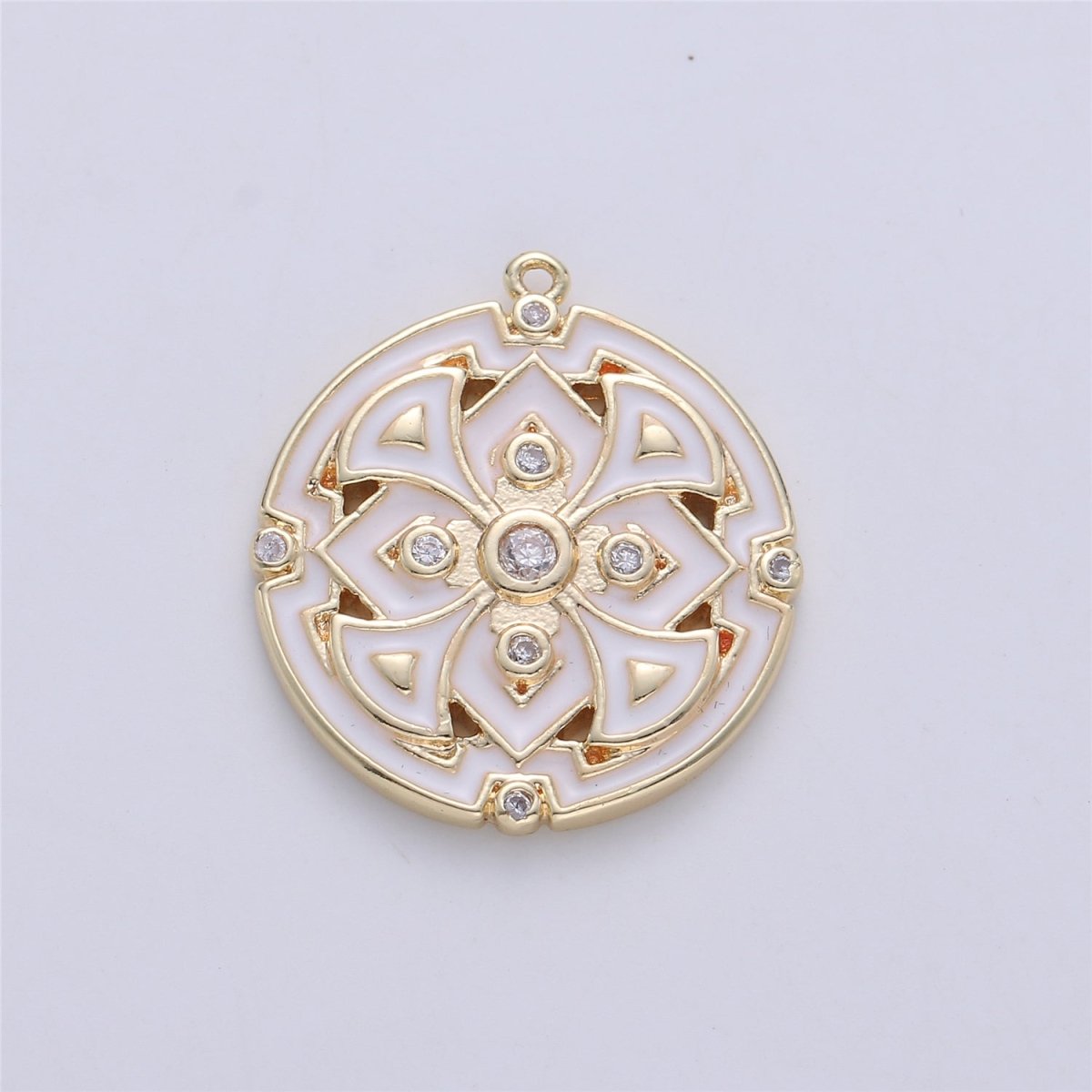 Gold Filled Micro Pave Black White Enamel Round Disc Charms Medallion Pendant, Enamel Pendant, Round Enamel C-620
