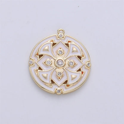 Gold Filled Micro Pave Black White Enamel Round Disc Charms Medallion Pendant, Enamel Pendant, Round Enamel C-620