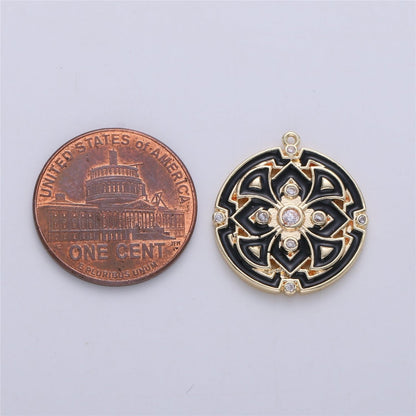 Gold Filled Micro Pave Black White Enamel Round Disc Charms Medallion Pendant, Enamel Pendant, Round Enamel C-620