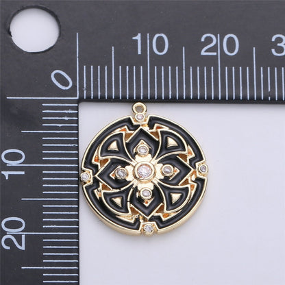 Gold Filled Micro Pave Black White Enamel Round Disc Charms Medallion Pendant, Enamel Pendant, Round Enamel C-620
