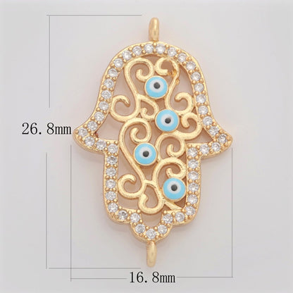 Gold Filled Micro Pave CZ Hamsa Hand Charm Connector Link Evil Eye Earring Bracelet Connector For Supply DIY Jewelry Y-368