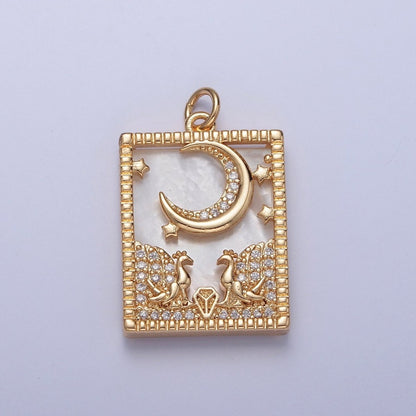 Gold Filled Micro Paved CZ Peacock at Starry Night Obsidian, Turquoise, Pearl, Abalone Celestial Tag Charm | X-135 - X-138