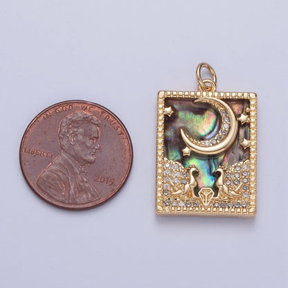 Gold Filled Micro Paved CZ Peacock at Starry Night Obsidian, Turquoise, Pearl, Abalone Celestial Tag Charm | X-135 - X-138
