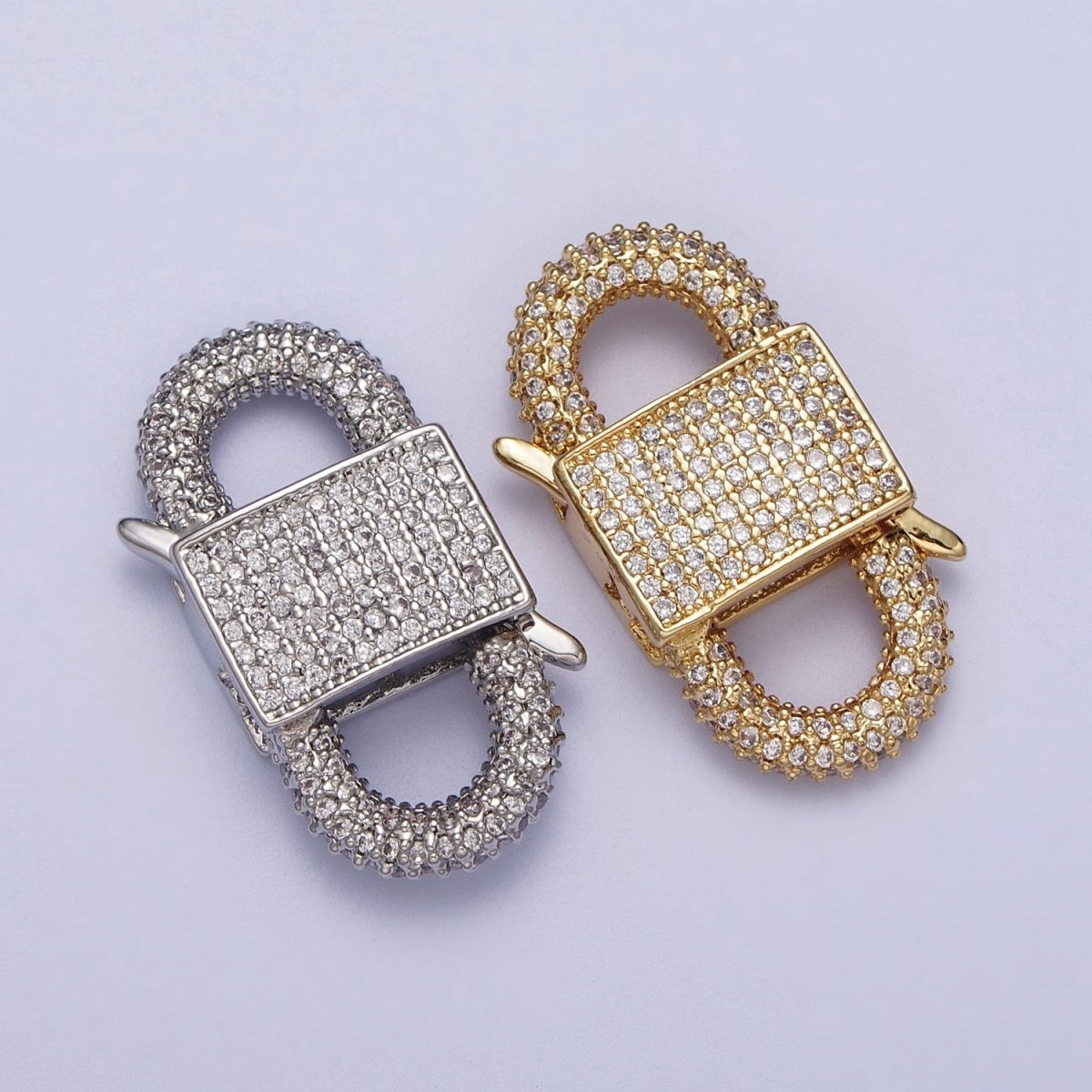Gold Filled Micro Paved Double Padlock Spring Gate Closure in Gold &amp; Silver | K-199 K-202