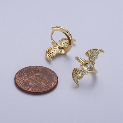 Gold Filled Micro Paved Horn Flying Bats Gold Stud Halloween Earrings | AD-058