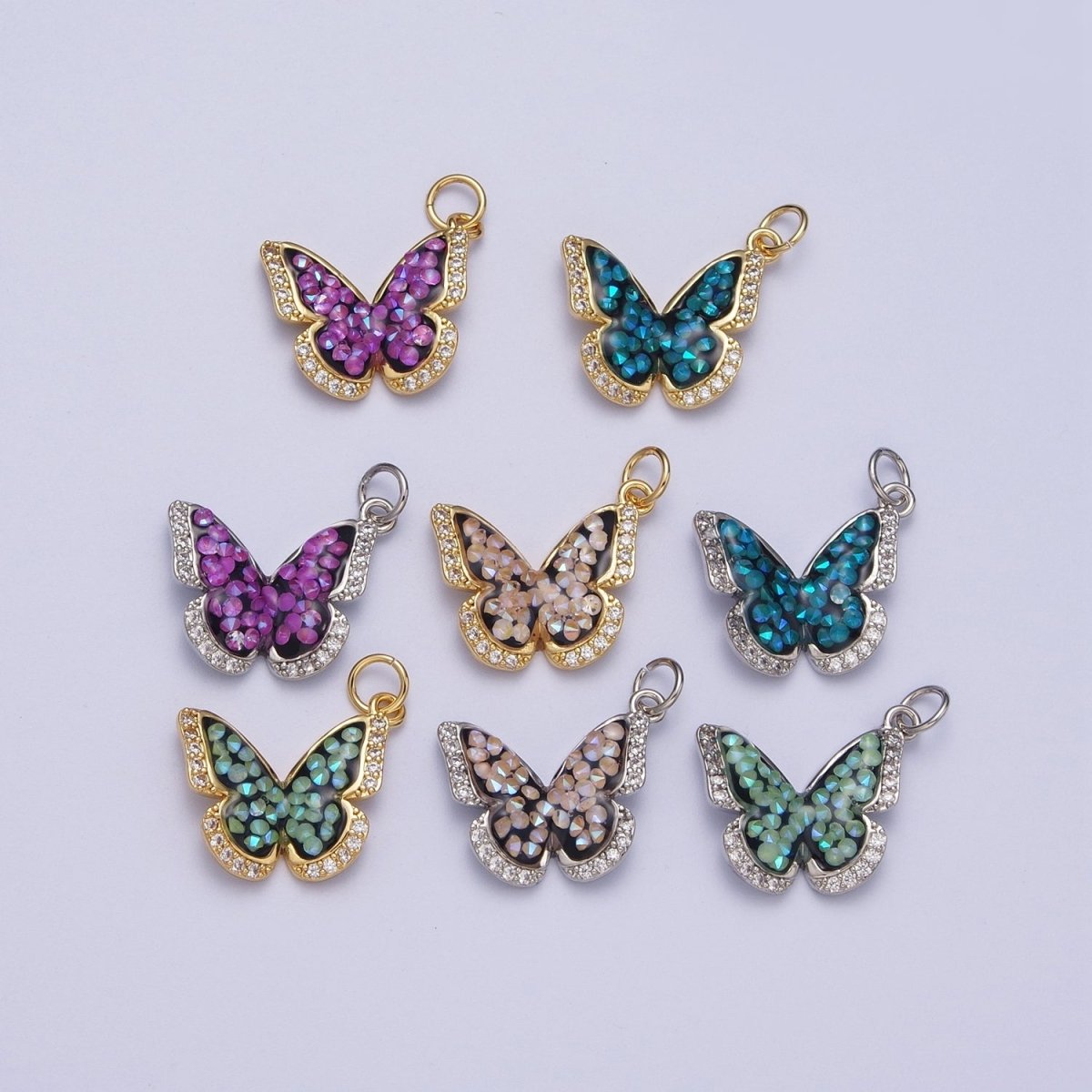 Gold Filled Micro Paved Monarch Butterfly AB CZ Stone Charm in Gold &amp; Silver | W-777~W780