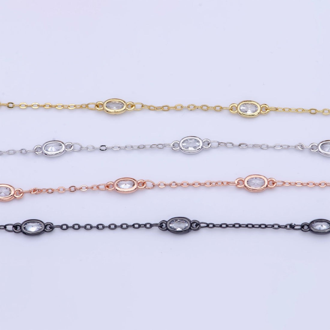 Gold Filled Oval Bezel Clear Cubic Zirconia CZ Unfinished Wholesale Chain by Yard | ROLL-818, ROLL-819, ROLL-820, ROLL-821