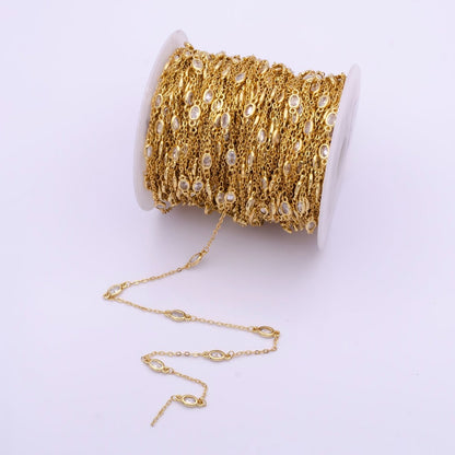 Gold Filled Oval Bezel Clear Cubic Zirconia CZ Unfinished Wholesale Chain by Yard | ROLL-818, ROLL-819, ROLL-820, ROLL-821