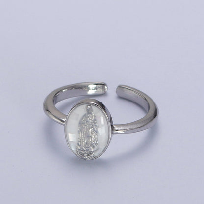 Gold Filled Oval Virgin Mother Mary Shell Opal Ring in Gold &amp; Silver  S-397 - S-400, O-200-204