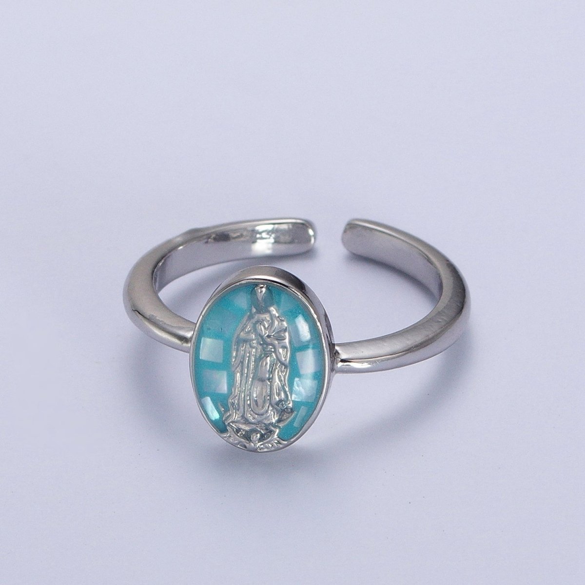 Gold Filled Oval Virgin Mother Mary Shell Opal Ring in Gold &amp; Silver  S-397 - S-400, O-200-204