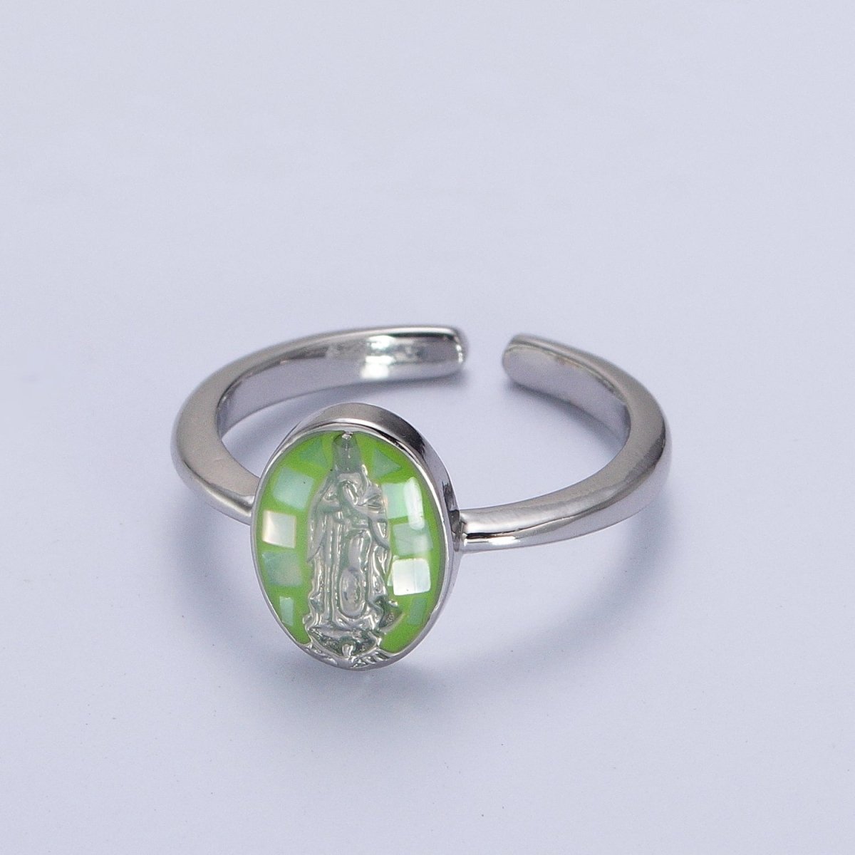 Gold Filled Oval Virgin Mother Mary Shell Opal Ring in Gold &amp; Silver  S-397 - S-400, O-200-204
